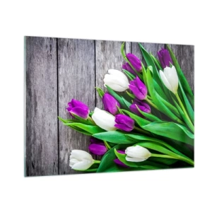 Obraz na szkle - Bukiet fioletowych i białych tulipanów na drewnianym tle - 100x70cm - W dniu wiosennego święta - Nowoczesna dekoracja ścienna do salonu, kuchni i sypialni ARTTOR