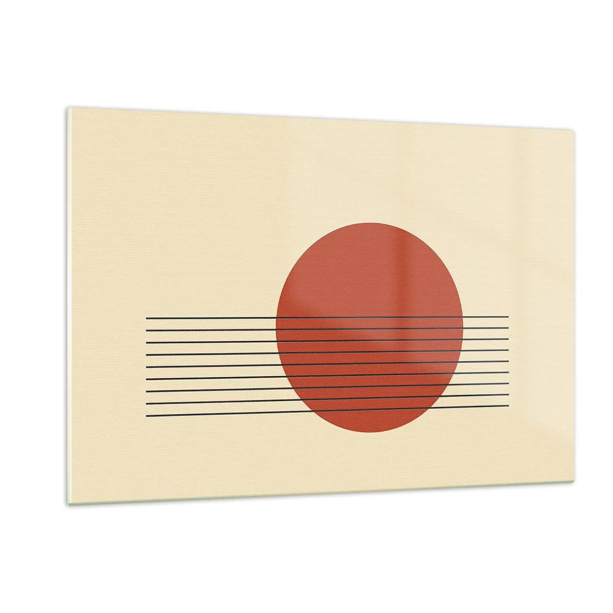 Obraz na szkle - Minimalistyczna grafika z czerwonym kołem i liniami - 120x80cm - W koło i dalej - Nowoczesna dekoracja ścienna do salonu, kuchni i sypialni ARTTOR