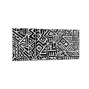 Obraz na szkle - Czarno-białe geometryczne wzory inspirowane kulturą prekolumbijską - 120x50cm - Kompozycja prekolumbijska - Nowoczesna dekoracja ścienna do salonu i sypialni ARTTOR
