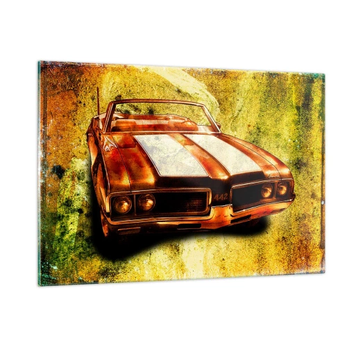 Obraz na szkle - Sportowy kabriolet w stylu vintage na artystycznym tle - 120x80cm - Moc zaklęta w kształtach - Nowoczesna dekoracja ścienna do salonu, kuchni i sypialni ARTTOR