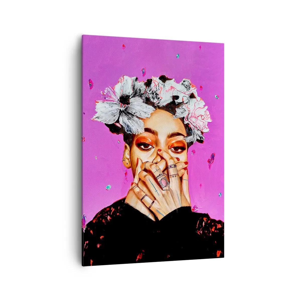 Obraz na płótnie - Portret kobiety na różowym tle z kwiatami we włosach - 70x100cm - Trochę szalona - Nowoczesna dekoracja ścienna do salonu i sypialni ARTTOR