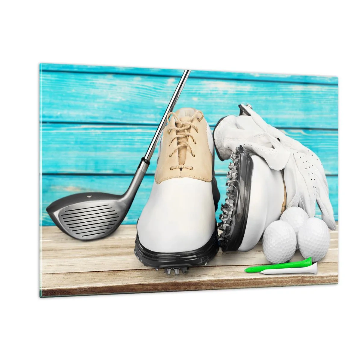 Obraz na szkle - Akcesoria golfowe na drewnianym tle - 120x80cm - Wszystko gotowe - Nowoczesna dekoracja ścienna do salonu, kuchni i sypialni ARTTOR