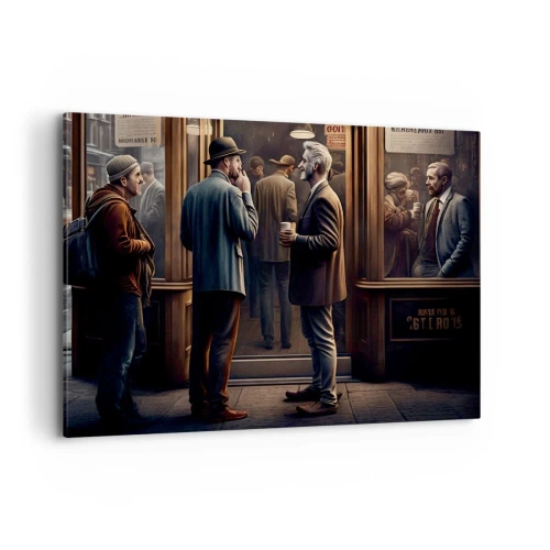Obraz na płótnie - Scena uliczna z ludźmi przed kawiarnią w stylu retro - 100x70cm - Dobra chwila dnia - Nowoczesna dekoracja ścienna do salonu, kuchni i sypialni ARTTOR