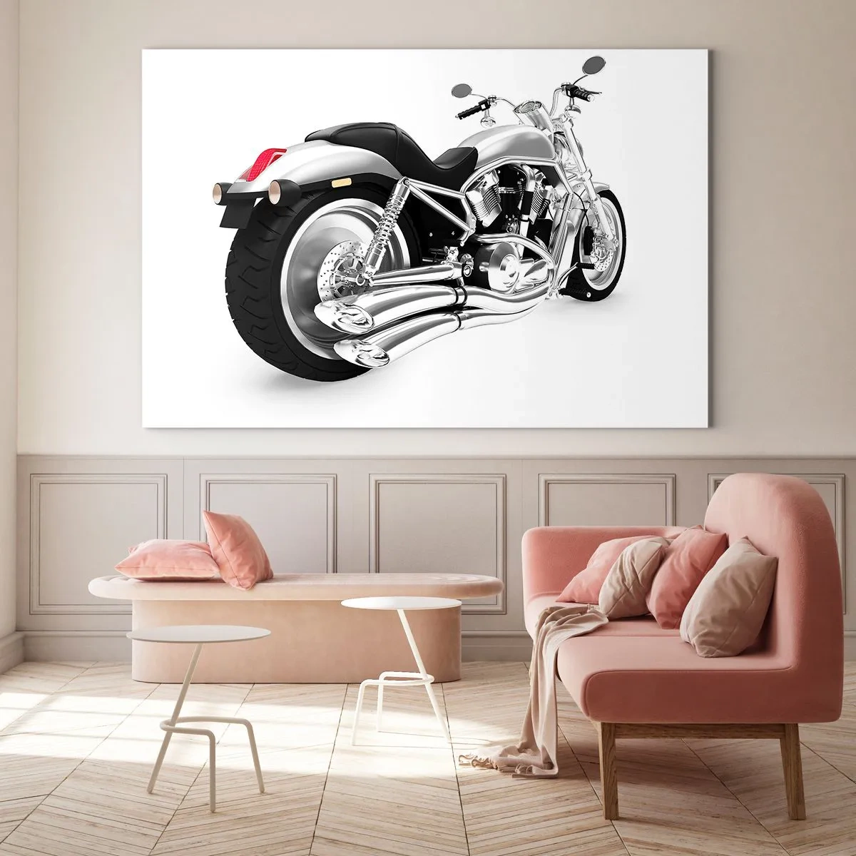 Obraz na szkle - Chromowany motocykl w nowoczesnym stylu na białym tle - 120x80cm - Marzenie kolekcjonera - Nowoczesna dekoracja ścienna do salonu, kuchni i sypialni ARTTOR