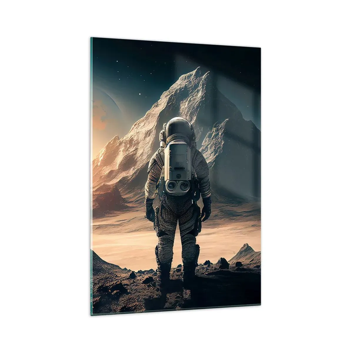 Obraz na szkle - Astronauta na tle majestatycznych gór - 70x100cm - Nowe wyzwanie - Nowoczesna dekoracja ścienna do salonu i sypialni ARTTOR