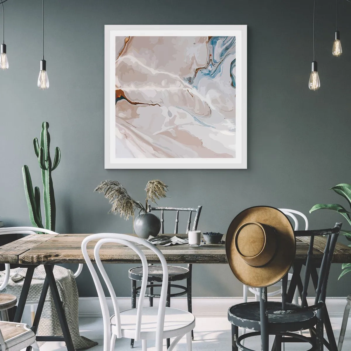 Plakat w białej ramie - Błękitne meandry pod bielą - 50x50 cm