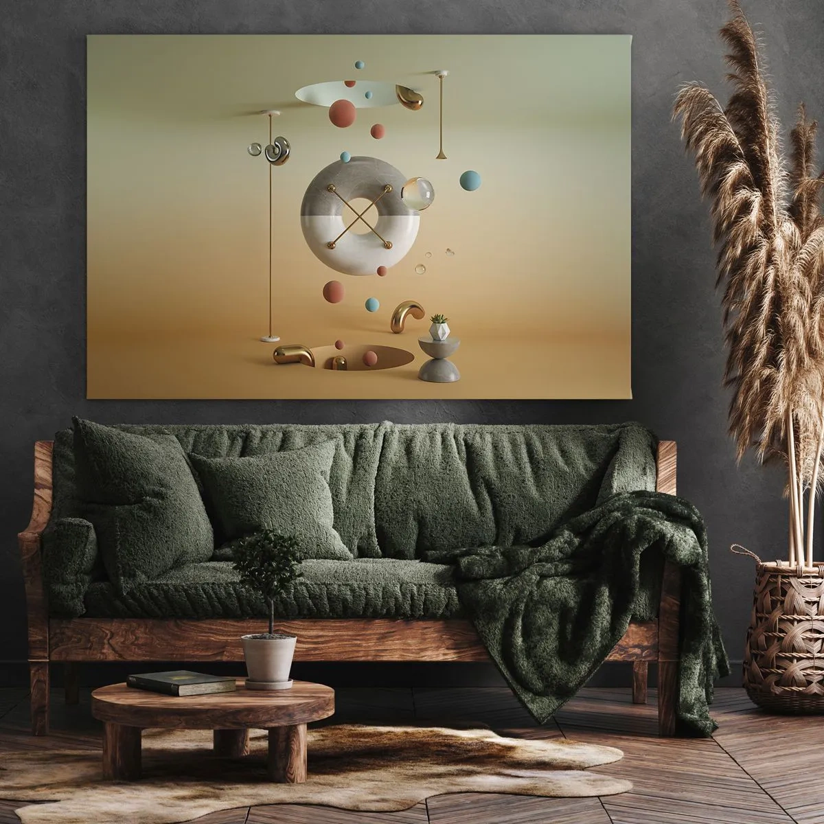 Obraz na płótnie - Geometryczne figury w pastelowych kolorach w surrealistycznym układzie - 70x50cm - Wszystko się zdarzyć może - Nowoczesna dekoracja ścienna do salonu i sypialni ARTTOR