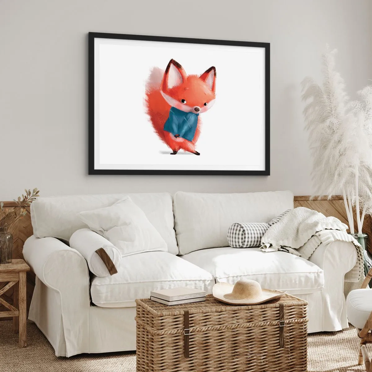Plakat w czarnej ramie - Uroczy lisek w niebieskim ubranku - 70x50cm - Ładnie mi w tym? - Nowoczesna dekoracja ścienna do salonu i sypialni ARTTOR