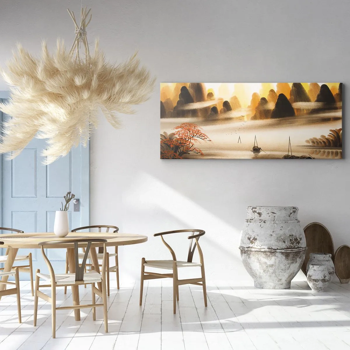 Obraz na płótnie - Orientalny krajobraz z rzeką, górami i delikatną mgłą - 140x50cm - Dalej niż na Dalekim Wschodzie - Nowoczesna dekoracja ścienna do salonu i sypialni ARTTOR