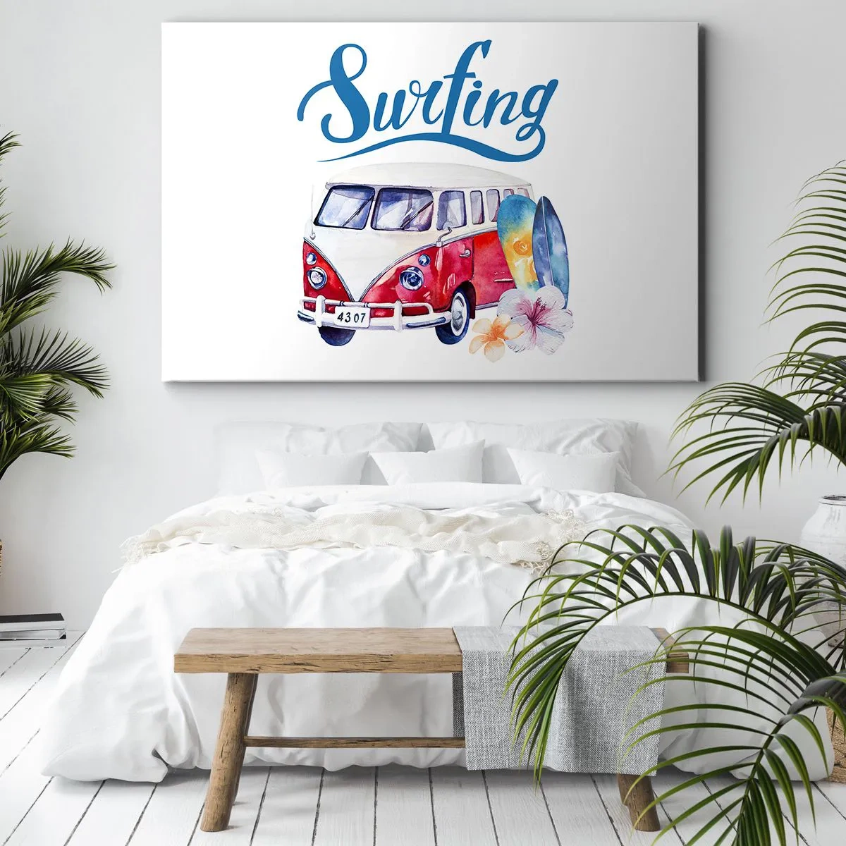 Obraz na płótnie - Kolorowa grafika z busem i motywem surfingu - 70x50cm - Ogórek - klasyk dla surfera - Nowoczesna dekoracja ścienna do salonu i sypialni ARTTOR