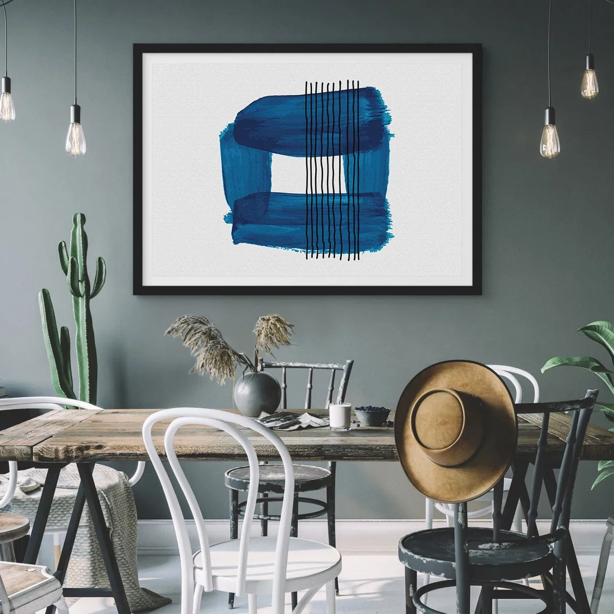 Plakat w czarnej ramie - Abstrakcyjny wzór w odcieniach błękitu z czarnymi liniami - 70x50cm - Niebiesko-czarna kompozycja - Nowoczesna dekoracja ścienna do salonu i sypialni ARTTOR