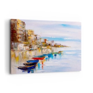 Obraz na płótnie - Kolorowe łodzie przy brzegu z widokiem na miejską panoramę - 120x80cm - Wielobarwna miejska przystań - Nowoczesna dekoracja ścienna do salonu, kuchni i sypialni ARTTOR