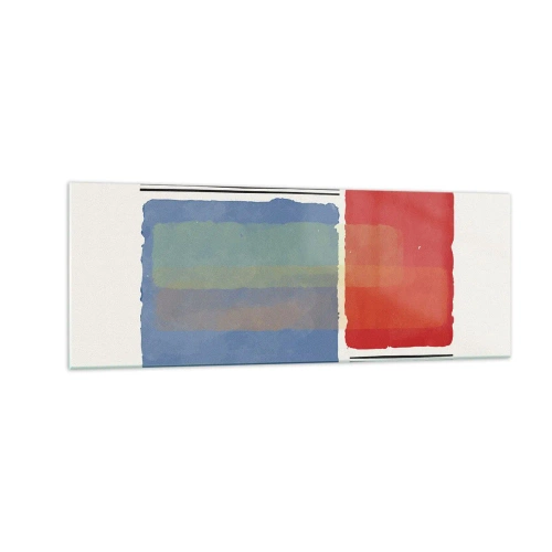 Obraz na szkle - Geometryczna kompozycja z kolorowymi blokami i liniami - 140x50cm - Duch i litera geometrii - Nowoczesna dekoracja ścienna do salonu i sypialni ARTTOR