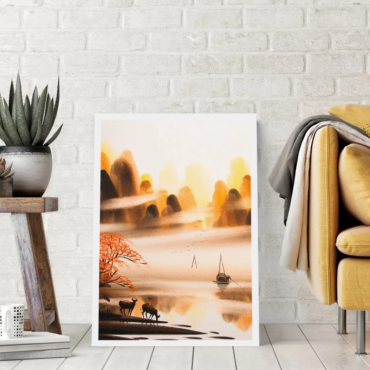 Plakat - Orientalny pejzaż górski we mgle z łodzią i zwierzętami - 50x70cm - Dalej niż na Dalekim Wschodzie - Nowoczesna dekoracja ścienna do salonu, kuchni i sypialni ARTTOR