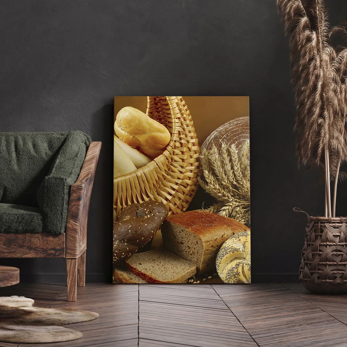 Obraz na płótnie - Różnorodne pieczywo w koszu na tle kłosów zbóż - 50x70cm - Znowu się nam upiekło - Nowoczesna dekoracja ścienna do salonu, kuchni i sypialni ARTTOR