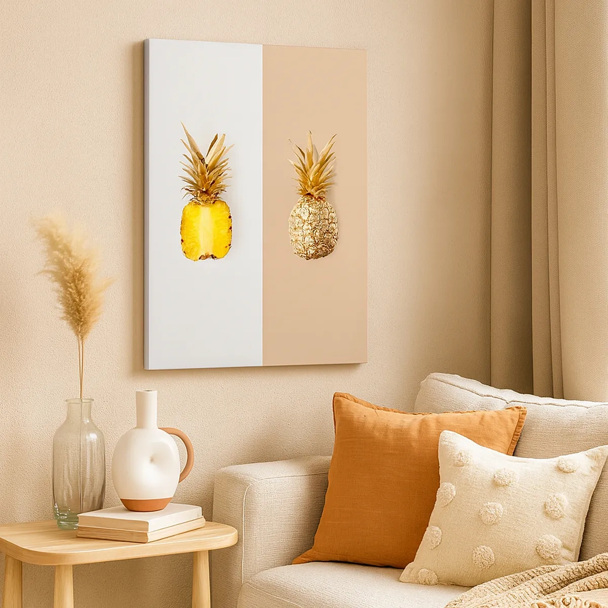 Obraz na płótnie - Dwa ananasy na podzielonym tle, jeden złoty, drugi przekrojony - 50x70cm - Ananas dla nas - Nowoczesna dekoracja ścienna do salonu, kuchni i sypialni ARTTOR