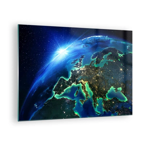 Obraz na szkle - Widok Ziemi z kosmosu z Europą w blasku świateł nocnych - 70x50cm - Roziskrzona Europa - Nowoczesna dekoracja ścienna do salonu i sypialni ARTTOR