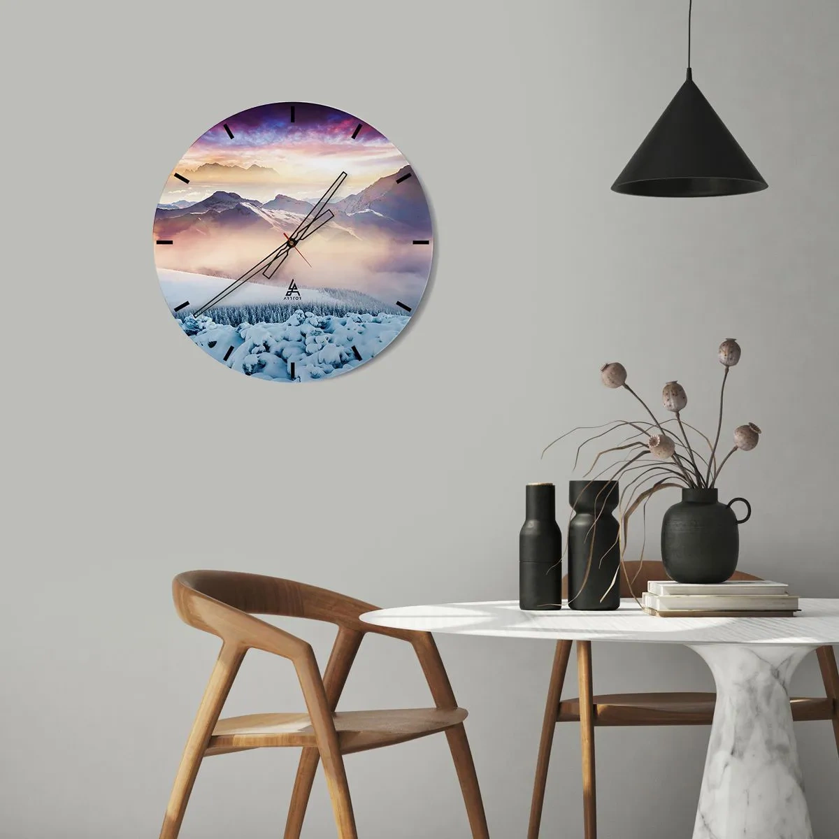 Zegar ścienny - Tarcza zegara z widokiem na ośnieżone góry w pastelowych barwach - 30x30cm - Siła i czystość natury - Nowoczesna dekoracja ścienna do salonu, kuchni i sypialni ARTTOR