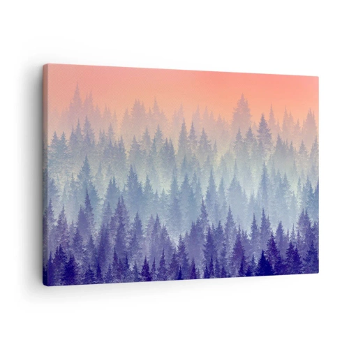 Obraz na płótnie - Mglisty las w odcieniach fioletu i pomarańczu - 70x50cm - Wysoko, wyżej, do nieba - Nowoczesna dekoracja ścienna do salonu i sypialni ARTTOR