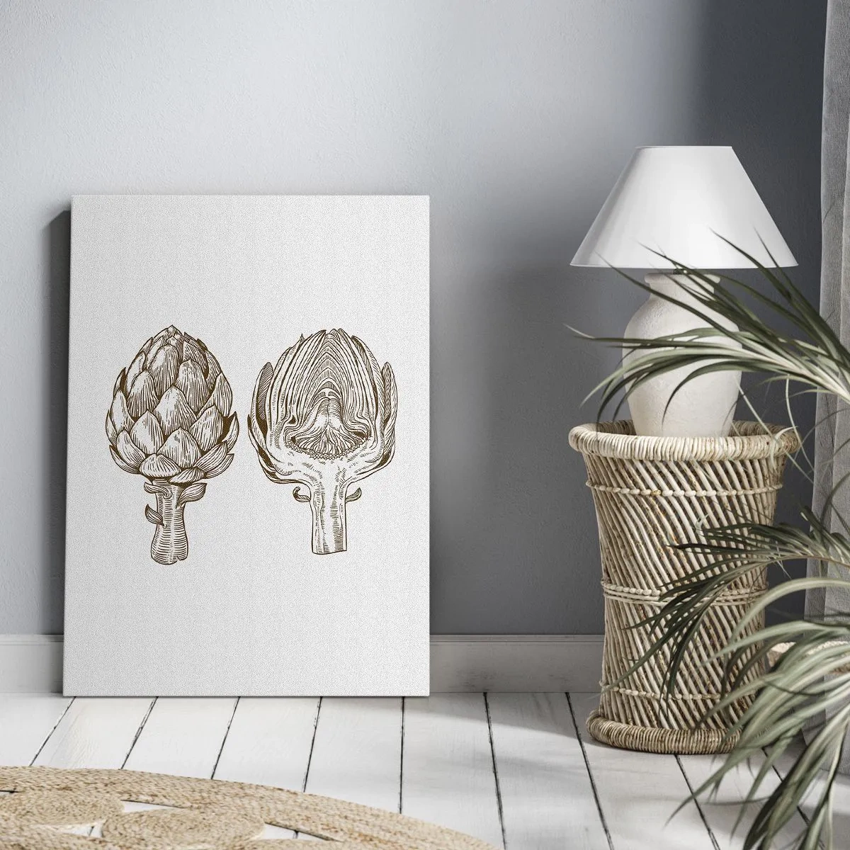Obraz na płótnie - Rysunek dwóch karczochów na jasnym tle - 50x70cm - Lekcja anatomii - Nowoczesna dekoracja ścienna do salonu, kuchni i sypialni ARTTOR