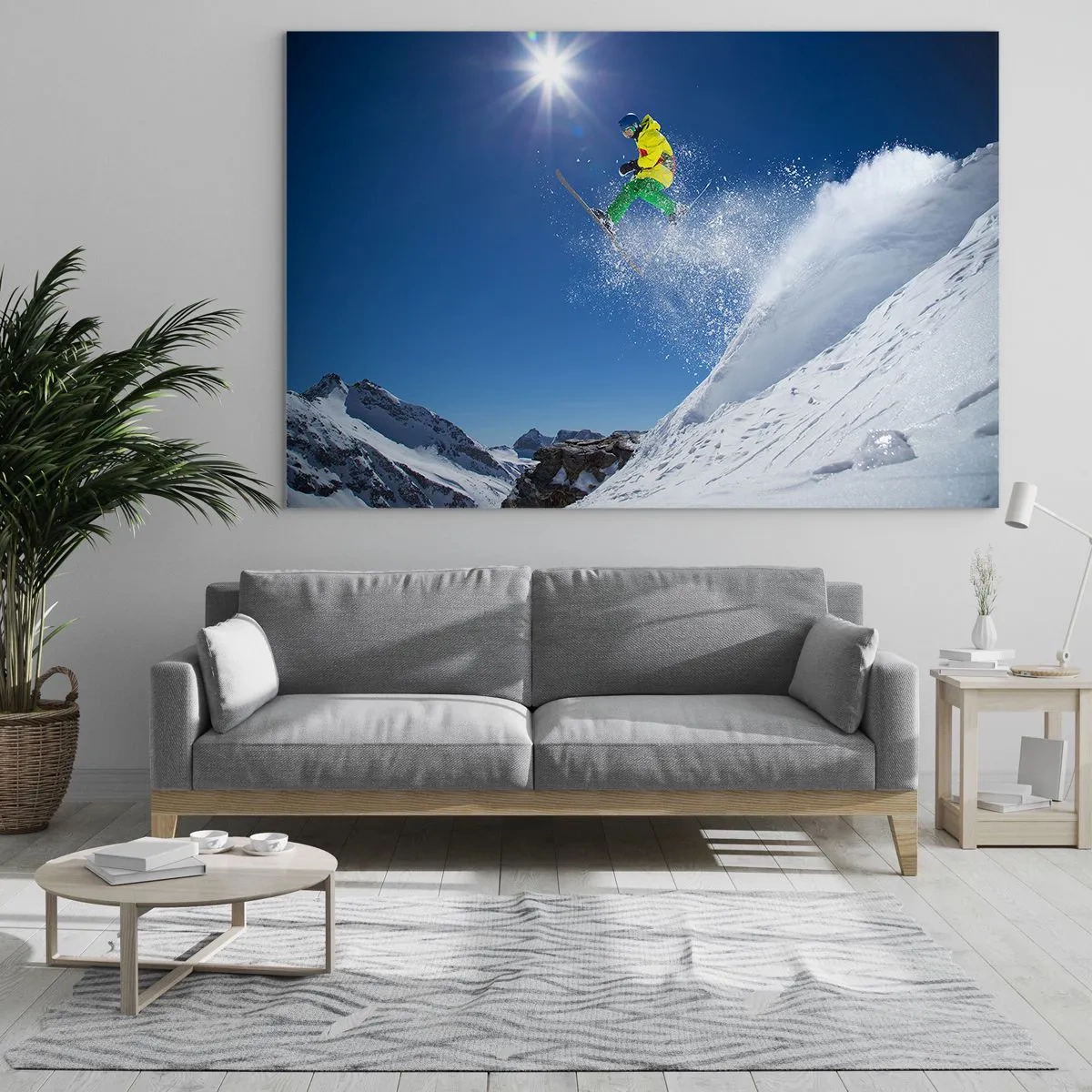 Obraz na szkle - Narciarz w akcji na tle ośnieżonych gór - 70x50cm - Tańczący z górami - Nowoczesna dekoracja ścienna do salonu i sypialni ARTTOR