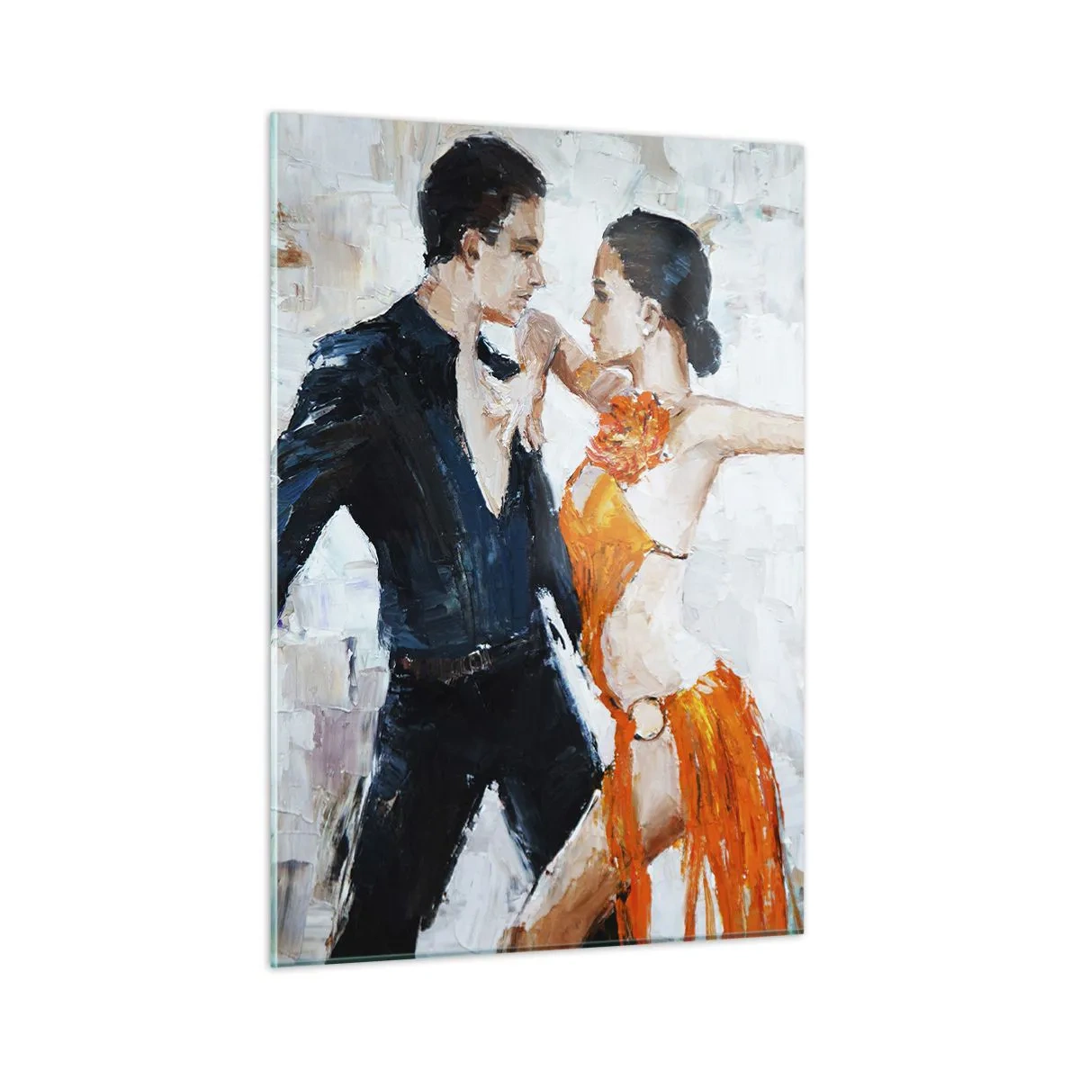 Obraz na szkle - Para tańcząca w dynamicznej pozie na tle w stylu impresjonistycznym - 50x70cm - Dirty dancing - Nowoczesna dekoracja ścienna do salonu, kuchni i sypialni ARTTOR