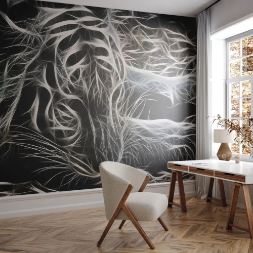 Fototapeta Standard Eco - Abstrakcyjny wizerunek tygrysa w neonowych liniach - 100x70cm - Studium kociej lekkości - Nowoczesna dekoracja ścienna do salonu i sypialni ARTTOR