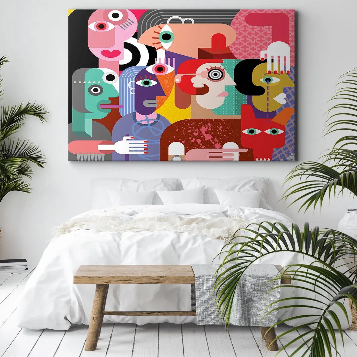 Obraz na płótnie - Kolorowa abstrakcja z geometrycznymi twarzami - 70x50cm - My od pana Picassa - Nowoczesna dekoracja ścienna do salonu i sypialni ARTTOR