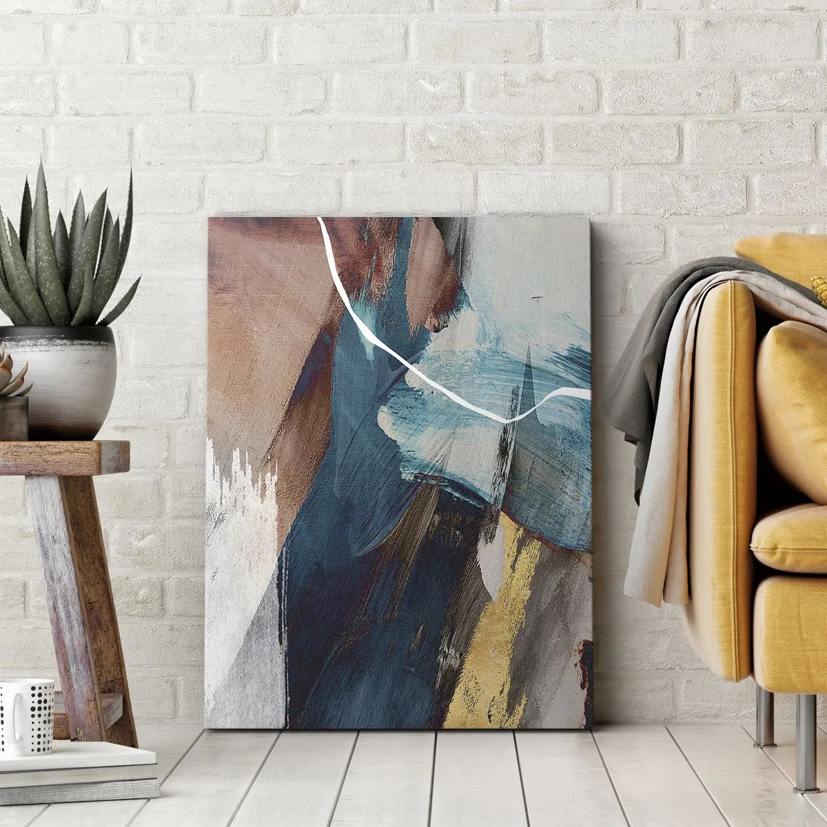 Obraz na płótnie - Abstrakcyjna kompozycja dynamicznych pociągnięć pędzla w odcieniach błękitu, brązu i złota - 50x70cm - Z rozmachem i energicznie - Nowoczesna dekoracja ścienna do salonu, kuchni i sypialni ARTTOR