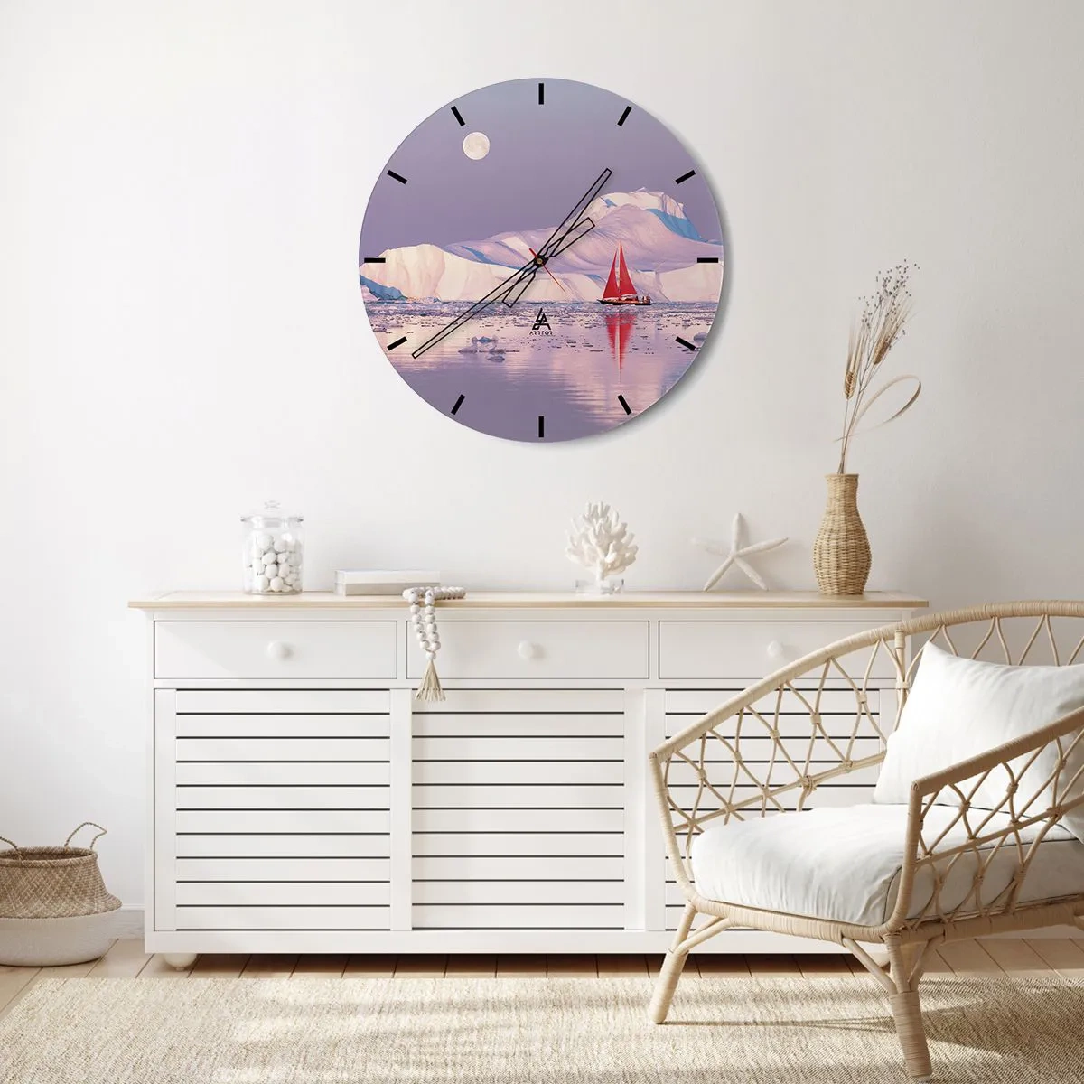 Zegar ścienny - Żaglowiec na tle gór lodowych w blasku księżyca - 30x30cm - Żar żagla, chłód lodu - Nowoczesna dekoracja ścienna do salonu, kuchni i sypialni ARTTOR