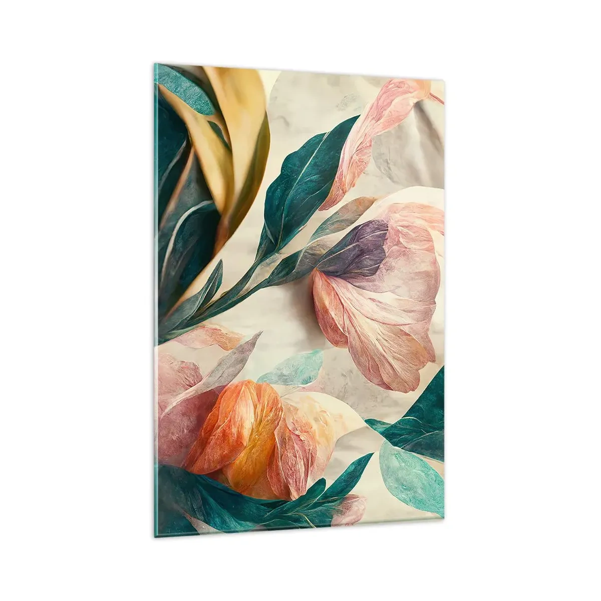 Obraz na szkle - Kolorowe kwiaty w tropikalnym stylu na jasnym tle - 80x120cm - Kwiaty wysp południowych - Nowoczesna dekoracja ścienna do salonu i sypialni ARTTOR