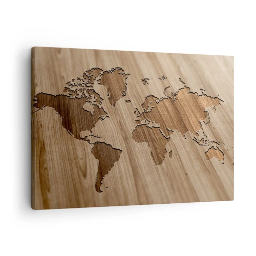 Obraz na płótnie - Mapa świata wycięta na drewnianej powierzchni - 70x50cm - Świat podany na stole - Nowoczesna dekoracja ścienna do salonu i sypialni ARTTOR