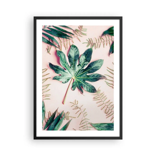 Plakat w czarnej ramie - Liście w różnych odcieniach zieleni na różowym tle - 50x70cm - Studium zieleni na różowym tle - Nowoczesna dekoracja ścienna do salonu i sypialni ARTTOR