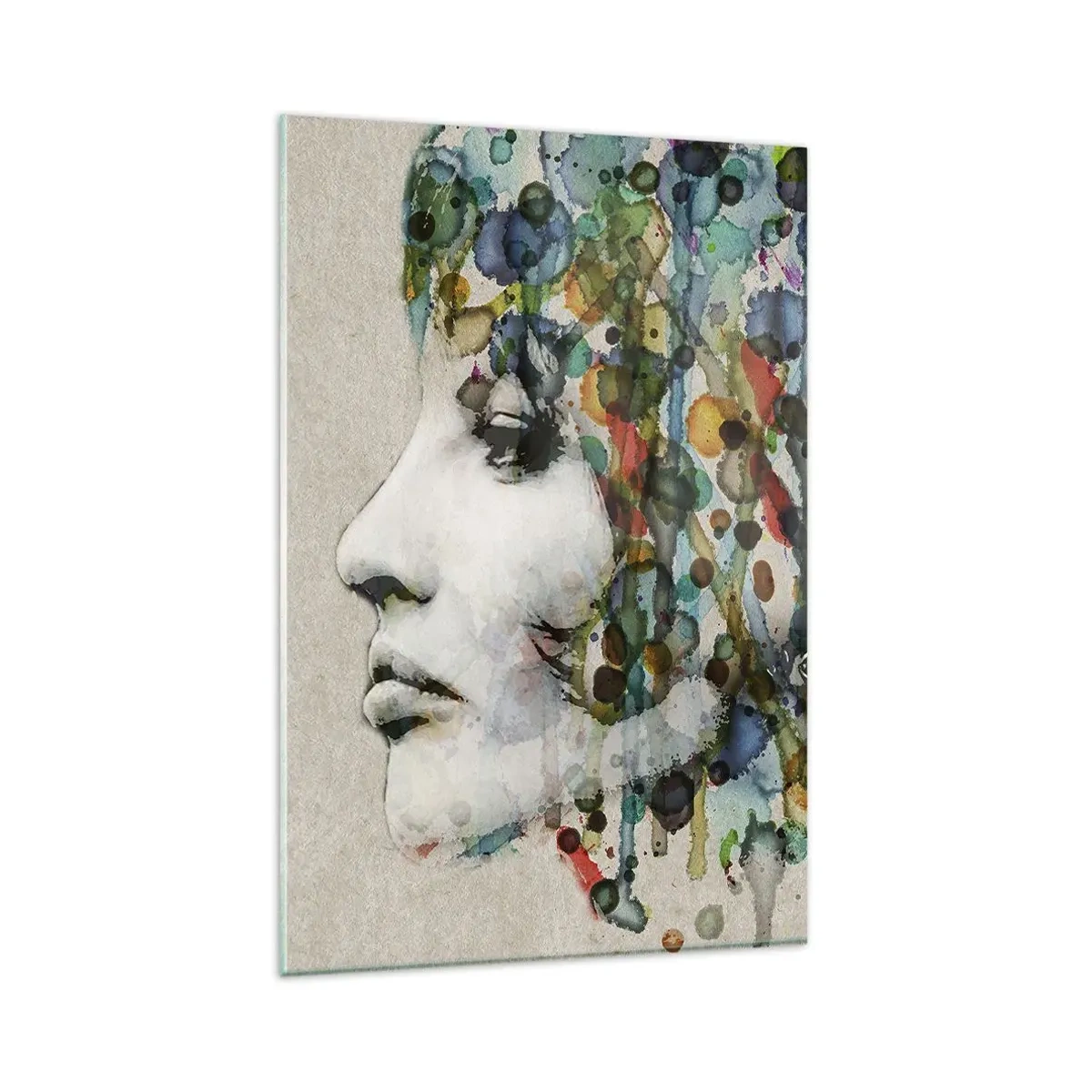 Obraz na szkle - Profil kobiety w akwarelowych barwach z abstrakcyjnym tłem - 80x120cm - Wyłoniła się z szarości - Nowoczesna dekoracja ścienna do salonu i sypialni ARTTOR