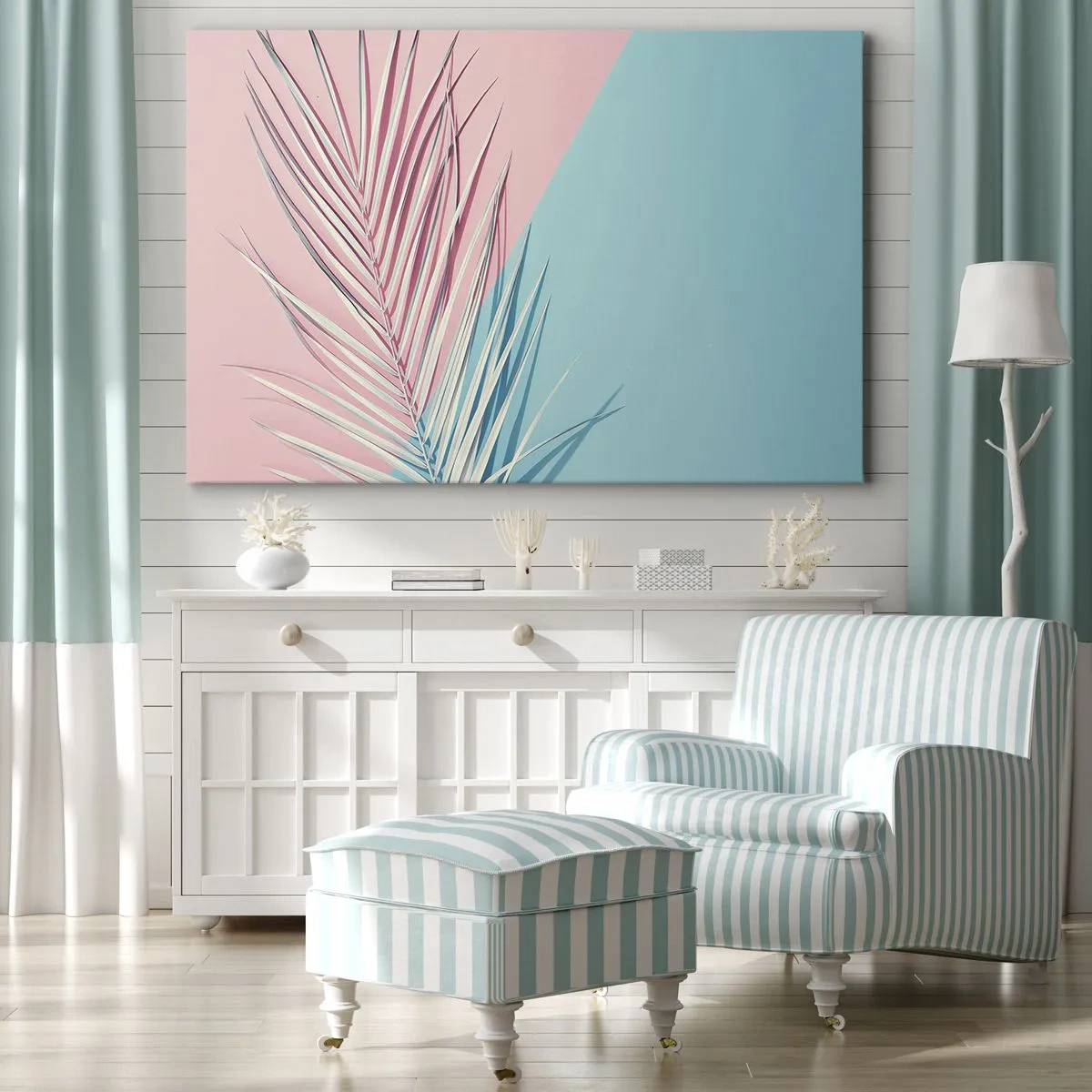 Obraz na płótnie - Tropikalny liść na tle pastelowych odcieni różu i błękitu - 70x50cm - Tropikalna impresja - Nowoczesna dekoracja ścienna do salonu i sypialni ARTTOR