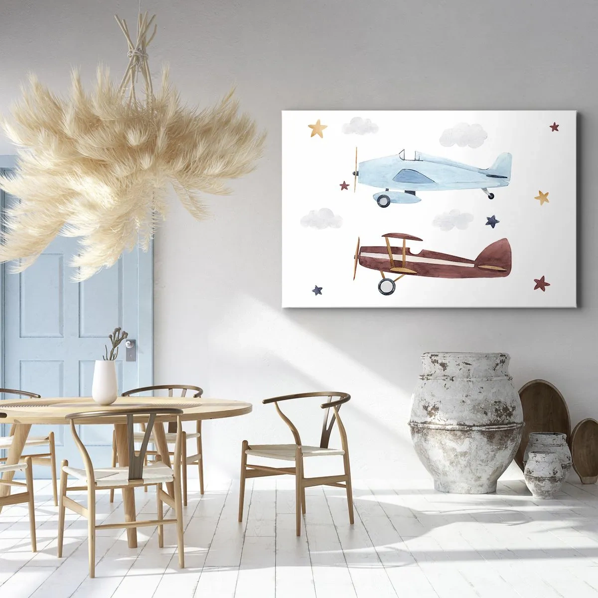 Obraz na płótnie - Ręcznie malowane samoloty na tle chmur i gwiazd - 70x50cm - Panie pilocie, czekamy! - Nowoczesna dekoracja ścienna do salonu i sypialni ARTTOR
