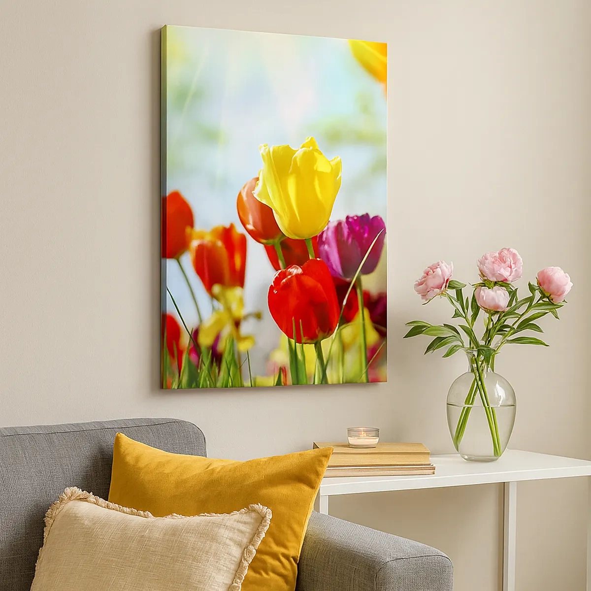 Obraz na płótnie - Kolorowe tulipany w promieniach słońca - 50x70cm - Wszystkie barwy słońca - Nowoczesna dekoracja ścienna do salonu, kuchni i sypialni ARTTOR