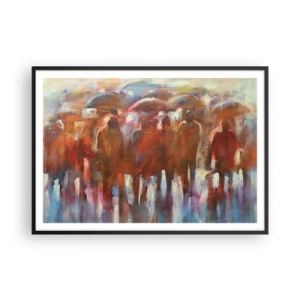 Plakat w czarnej ramie - Tłum ludzi z parasolami w deszczowej, artystycznej scenerii - 100x70cm - Równi w deszczu i mgle - Nowoczesna dekoracja ścienna do salonu i sypialni ARTTOR