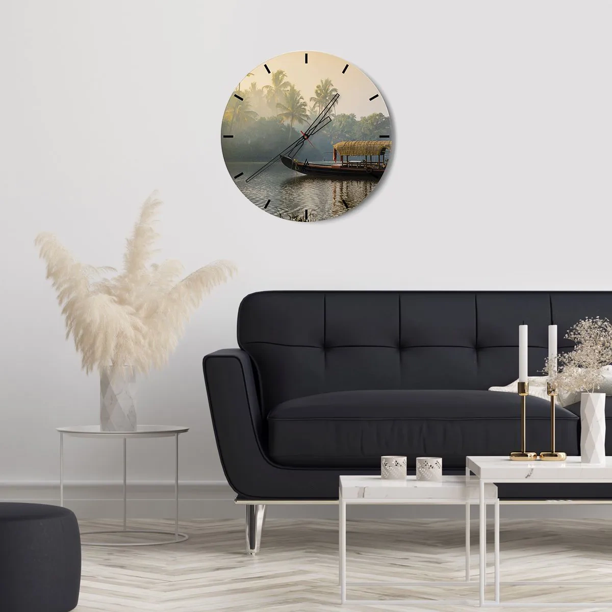 Zegar ścienny - Tradycyjna łódź z baldachimem na spokojnej rzece wśród palm - 30x30cm - Dom na rzece - Nowoczesna dekoracja ścienna do salonu, kuchni i sypialni ARTTOR