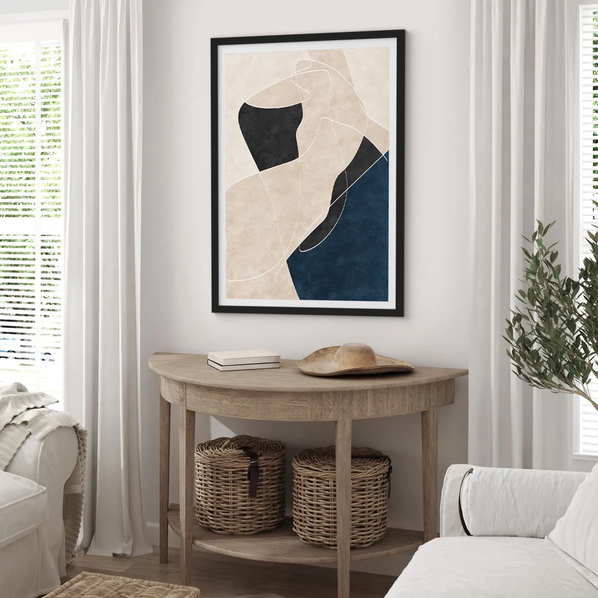 Plakat w czarnej ramie - Geometryczna abstrakcja w odcieniach beżu, czerni i granatu - 50x70cm - Kompozycja abstrakcyjna – kontrast barw - Nowoczesna dekoracja ścienna do salonu i sypialni ARTTOR