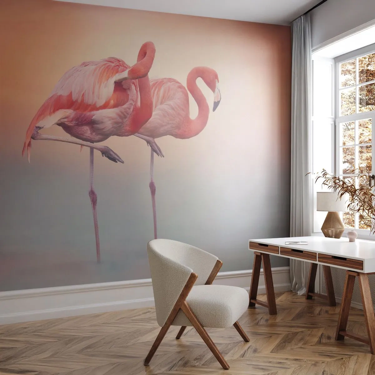 Fototapeta Premium Sand - Dwa flamingi stojące w wodzie o zachodzie słońca - 100x70cm - W kolorze zachodzącego słońca - Nowoczesna dekoracja ścienna do salonu, kuchni i sypialni ARTTOR