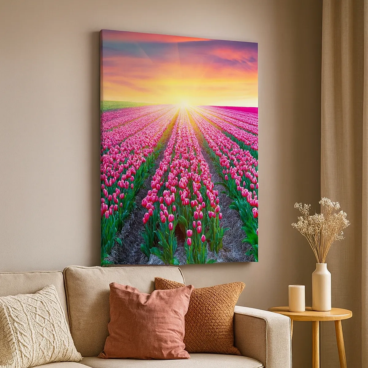 Obraz na płótnie - Pole różowych tulipanów o zachodzie słońca - 50x70cm - Farma piękności - Nowoczesna dekoracja ścienna do salonu, kuchni i sypialni ARTTOR