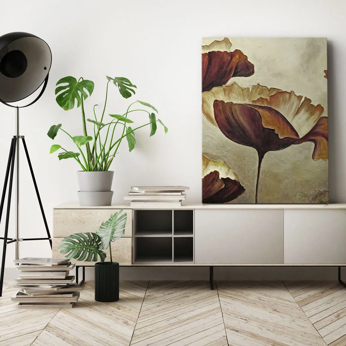 Obraz na płótnie - Subtelne kwiaty w odcieniach czerwieni i złota na jasnym tle - 70x100cm - Łąki łan - Nowoczesna dekoracja ścienna do salonu i sypialni ARTTOR