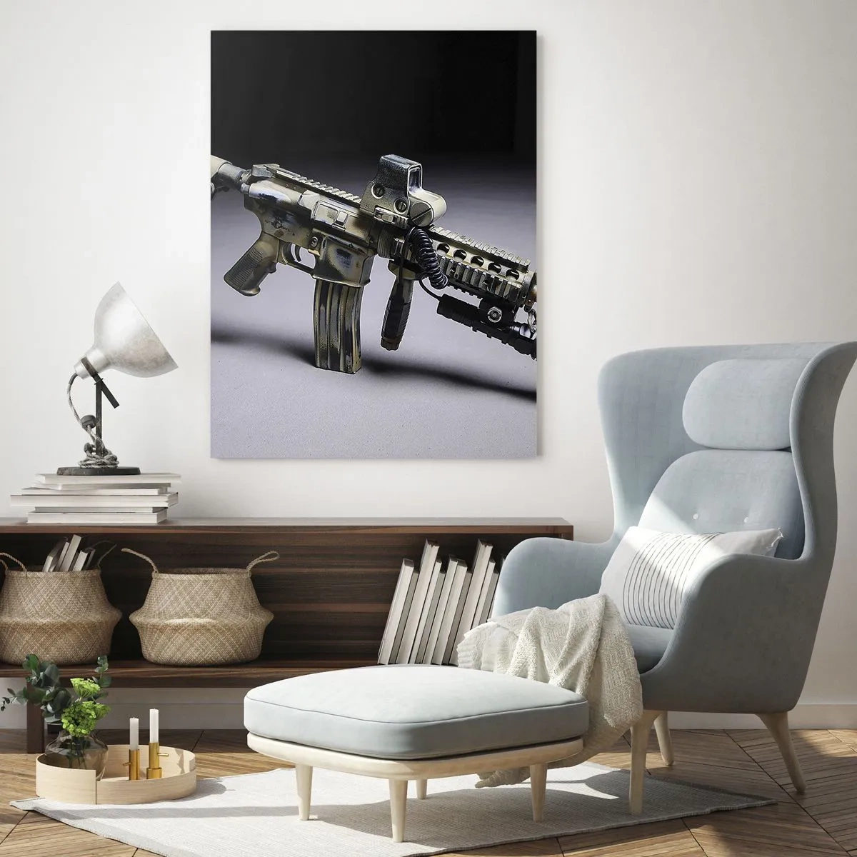 Obraz na szkle - Nowoczesny karabin na ciemnym tle z akcentem industrialnym - 50x70cm - Zawsze grożny - Nowoczesna dekoracja ścienna do salonu, kuchni i sypialni ARTTOR