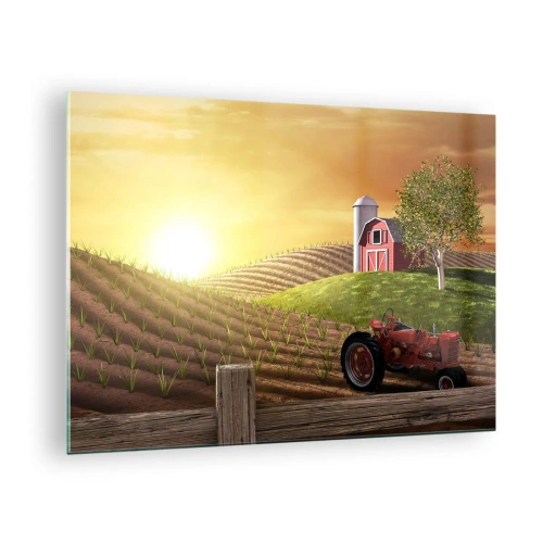 Obraz na szkle - Zachód słońca nad farmą z polem i traktorem - 70x50cm - Farma jak z bajki - Nowoczesna dekoracja ścienna do salonu i sypialni ARTTOR