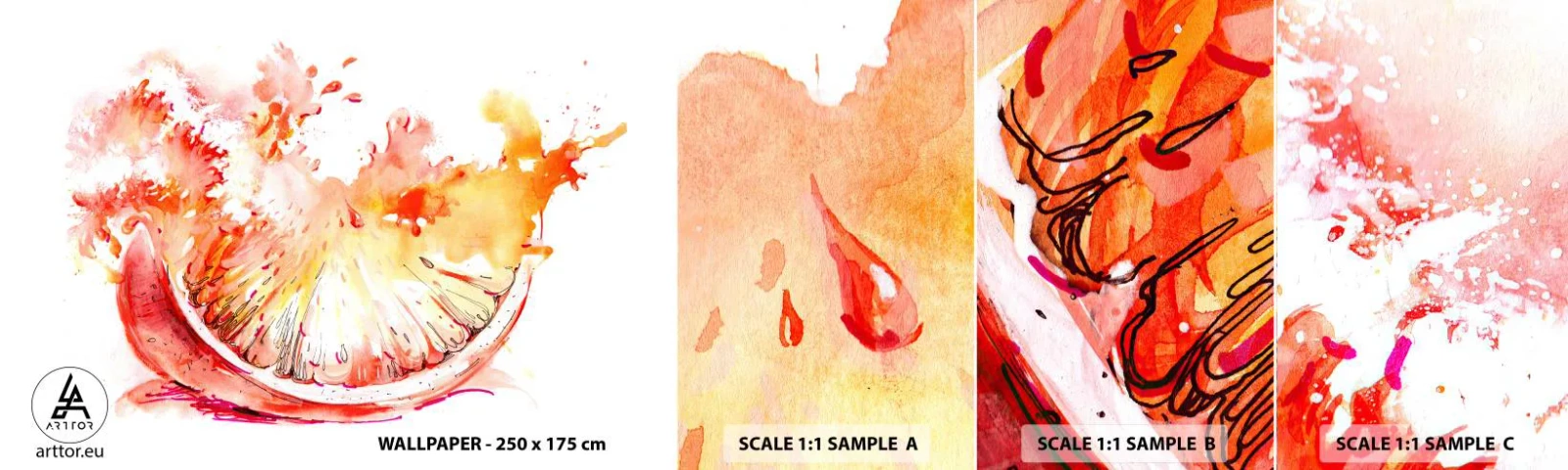 Fototapeta Próbka Samoprzylepna Deluxe Sticker - Soczyste orzeźwienie - Abstrakcja, Pomarańcza, Grafika - 100x30 cm