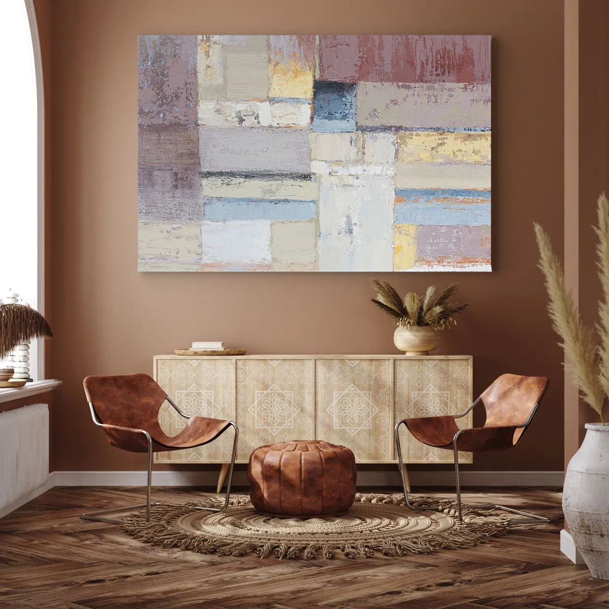 Obraz na płótnie - Geometryczna kompozycja w pastelowych barwach - 70x50cm - Spokój geometrii - Nowoczesna dekoracja ścienna do salonu i sypialni ARTTOR