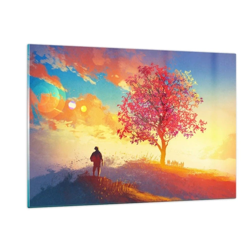 Obraz na szkle - Postać na tle barwnego nieba i drzewa w ciepłych kolorach - 120x80cm - Pielgrzym u celu - Nowoczesna dekoracja ścienna do salonu, kuchni i sypialni ARTTOR