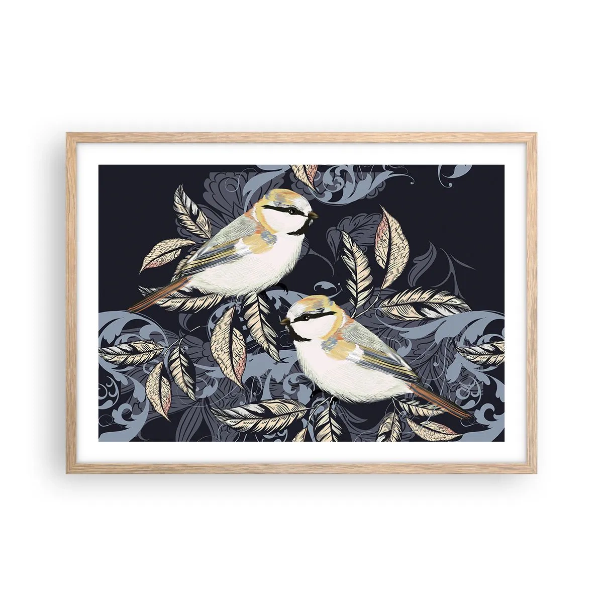 Plakat w ramie jasny dąb - Żółto-błękitny trel - 70x50 cm