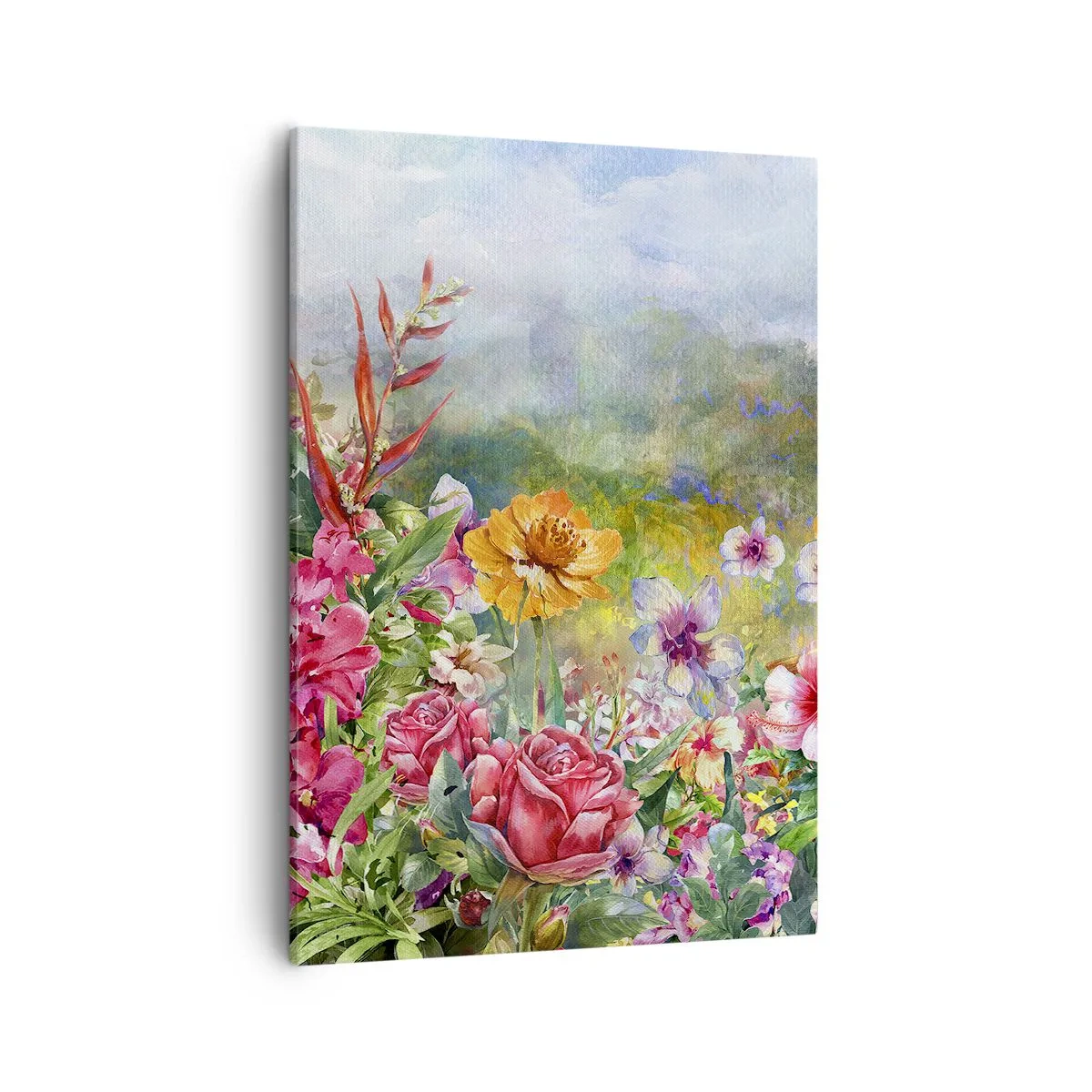 Obraz na płótnie - Kolorowa łąka pełna róż, lilii i dzikich kwiatów - 50x70cm - Ogród, który oszalał - Nowoczesna dekoracja ścienna do salonu, kuchni i sypialni ARTTOR